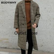 Outono inverno moda quente grosso casaco de lã dos homens casaco tartan blusão rua solta longo casaco outwear vintage 2024 - compre barato