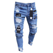 Mens Stretchy Ripped Skinny Biker Embroidery Print Jeans Destroyed Hole Taped Slim Fit Denim Scratched High Quality Jean 2024 - buy cheap