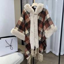 2021 Faux Fur Neck Cape Batwing Sleeves Loose Long Outstreet Wear Women Poncho Striped Striped Winter Thick Velvet Coat With Hat 2024 - buy cheap