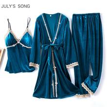 Jjulho's conjunto feminino de pijamas de veludo para inverno 3 peças, quente, outono, roupa de dormir, renda azul, roupa de dormir, camisola com mangas compridas 2024 - compre barato