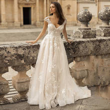 2021 Flower Appliqued Wedding Dress Elegant Cap Sleeve V Neck Sweep Train Bride Dresses Backless A Line Bridal Gown 2024 - buy cheap