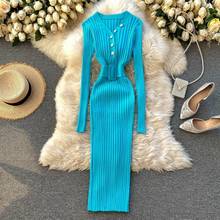 Women Dress 2021 Autumn Winter Women Knitted Sweater Dresses V-Neck Sexy Long Dress With Belt Casual Button Bodycon Dresses C-7 2024 - buy cheap