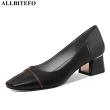 ALLBITEFO-zapatos de tacón alto de piel auténtica con punta cuadrada para mujer, calzado de fiesta, oficina, talla 33-43 2024 - compra barato