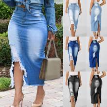 Long Denim Skirt Women Vintage Fashion High Waist Ripped Split Denim Distressed Jeans Bodycon Long Skirt Elegant Summer Plus Siz 2024 - buy cheap