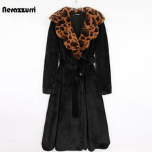 Nerazzurri Winter Long Warm Skirted Fluffy Black Faux Fur Coat Women with Leopard Print Collar Elegant Luxury Retro Fashion 2021 2024 - buy cheap