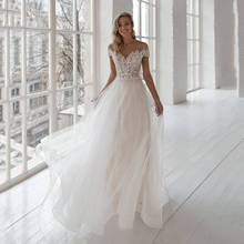 Boho A-Line Wedding Dresses Sheer O Neck Cap Sleeve Preals Appliques Lace Custom Made Bridal Gowns Button Back 2020 2024 - buy cheap
