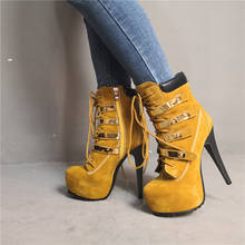 Western Woman Short Boots Round Toe High Heels Platform Cross-Tied Ankle Strap Zipper Suede Chunky Boots Winter Female Botines 2024 - buy cheap