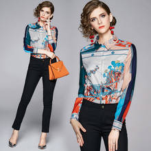 New Spring Summer Fall Runway Vintage Print Collar Long Sleeve Turn-Down Neck Womens Ladies Party OL Casual Top Shirts Blouse 2024 - buy cheap