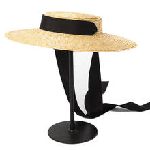 Chapéu de palha de borda larga 15cm chapéu de palha de borda plana mulher kentucky derby chapéu preto laço de fita chapéu de sol boné de praia 2024 - compre barato