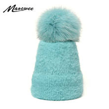 Women Winter Beanies Hats Real Fur Pom Pom Hat Loose Skullies Hats Knitted Wool Diamonds Beanie Shiny Ladies Girls Caps 2024 - buy cheap