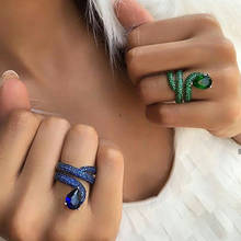 De lujo de forma de serpiente anillos para las mujeres verde y azul circón cúbico de gota de agua Cristal de incrustación anillo Punk Animal de la fiesta de regalo de la joyería 2024 - compra barato