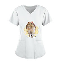 Blusa feminina de manga curta com decote em v, camiseta, uniforme de trabalho, com bolso, estampa de coelho da páscoa, roupas casuais de enfermeira, 2021 2024 - compre barato
