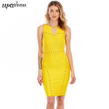 O envio gratuito de 2021 novo feminino amarelo rebite bandage vestido sexy o-pescoço oco sem mangas bodycon vestido clube noite festa vestidos 2024 - compre barato