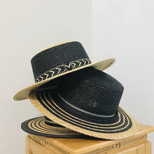 New Handmade Wide Brim Straw Hats Black Beige Patchwork Ribbon Summer Hats Women Flat Top Panama Boater Glitter Beach Sun Hat 2024 - buy cheap