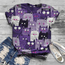 Camiseta feminina estampa de gato e lua, manga curta, plus size, gola redonda, y2k, roupa feminina gráfica, animal, camiseta harajuku 2024 - compre barato