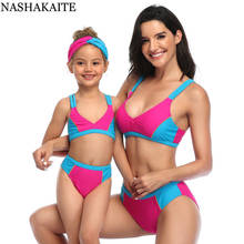 NASHAKAITE Swimsuit Mother Daughter 2020 New Wide Strap Color Block Bikini Set Family matching swimwear Mommy and me swimsuit 2024 - buy cheap