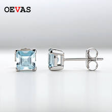 OEVAS 100% 925 Sterling Silver Sparkling 5*5mm 0.8 Carat Aquamarine Princess Cut Topaz Stud Earrings Women Party Fine Jewelry 2024 - buy cheap