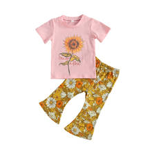 Модный летний костюм для маленьких девочек 2021 года, хлопковый комплект одежды, топ с коротким рукавом и цветочные расклешенные брюки, комплект из 2 предметов 2024 - купить недорого
