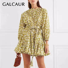 Женское мини-платье GALCAUR, хит разноцветное платье с круглым вырезом и длинными рукавами-фонариками, с высокой талией и бантом на шнуровке, летняя мода 2024 - купить недорого
