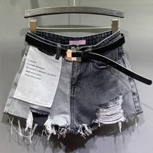 Pantalones cortos vaqueros con agujeros para mujer, shorts holgados de cintura alta con costuras de color, 5XL talla grande, verano 2021 2024 - compra barato