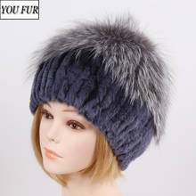 2022 Genuine Rex Rabbit Fur Hat Women Winter Warm Soft Knit Real Sliver Fox Fur Cap Handmade Russian Rex Rabbit Fur Beanies Hats 2024 - buy cheap