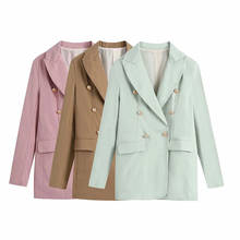 Women Solid Pink Double Breasted Streetwear Woven Slim Blazer female Vintage Long Sleeve Coat ladies chic Outerwear 2024 - buy cheap