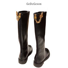 Knee-High Boots Women Cowhide Leather Gold Chains And Lock Decoration England Style Cool Street Shoes 2024 - buy cheap