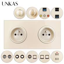 UNKAS-enchufe doble francés + HDMI, Compatible con USB, LED, TV RJ11, teléfono, RJ45, Internet, regulador de ventilador, interruptor de salida de Panel de vidrio 2024 - compra barato