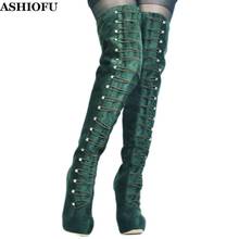 ASHIOFU-Botas de tacón alto hechas a mano para mujer, zapatos altos hasta el muslo, con plataforma de noche, para fiesta de graduación y Club, fotos reales, gran oferta, Invierno 2024 - compra barato