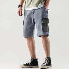 Shorts jeans masculino de cintura elástica, bermudas com bolso grande casual meia jeans e da moda de verão, 2021 2024 - compre barato