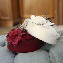 2019 Autumn Elegant Ladies Fedora Cap Pure Australian Wool Pillbox Beret Winter Women White Wool Wedding Party Veil Flower Hat 2024 - buy cheap