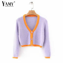 Suéter rosa de malha tricô cardigã crop feminino manga comprida blusa curta suéter feminino vintage blusas para mulheres coreano 2024 - compre barato