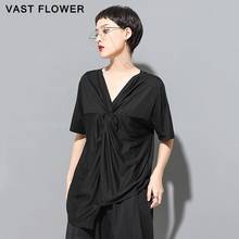 Camiseta feminina preta assimétrica plissada, decote em v, manga curta, casual, solta, roupas da moda, verão 2021 2024 - compre barato