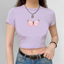 Pink Butterfly T Shirt O Neck Womens Graphic T Shirts Crop Top Short Sleeve Aesthetic Tee Shirt Femme Kpop Style Tops for Women 2024 - buy cheap