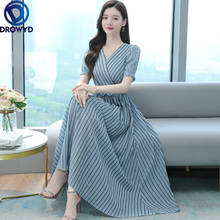 2021 Summer New Short-sleeved Dress French Temperament Waist Fashion Blue Striped Pleated Ladies Big Swing Party Dress Vestidos 2024 - buy cheap