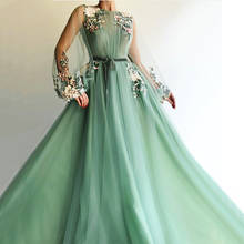 Vestido de noite muçulmano verde de hortelã, manga longa, bordado de tule, vestido longo de noite, vestido de baile, dubai, árabe 2024 - compre barato