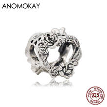 Anomook-abalorio romántico de plata 925 calado con corazón y flor rosa, pulseras y brazaletes, cuentas de amor de plata auténtica con cristal blanco 2024 - compra barato