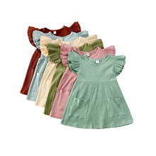 Vestido de verano para niñas pequeñas, manga corta con volantes, bolsillos, longitud hasta la rodilla, 6 colores, 1-4 años 2024 - compra barato