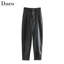 Women Fashion PU Leather Black Color Harem Pants Pleated Elastic Waist Loose Bottoms Baggy Long Length Trousers Lady Pantalon 2024 - buy cheap