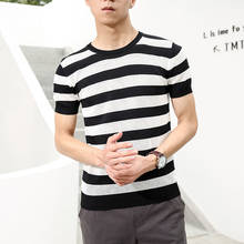 2021 Casual Ice Silk Short Sleeve T-shirt for Men Summer Men's Round Collar Striped T-shirt Slim Fit Knitted Pullover Tees B70 2024 - buy cheap
