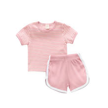 Little Kids Baby Girls 2 PC Outfit Summer Short Round Neck Loose Striped Top Short Solid Color Patchwork Elastic Band Pants Set 2024 - buy cheap