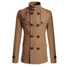 Trench coat masculino de manga comprida gola de lapela, casaco trench slim de lã com bolsos 2024 - compre barato