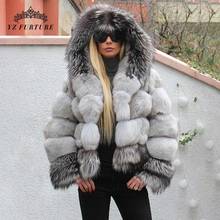 Jaqueta feminina pele de raposa real, casaco feminino inverno com capuz costura natural prateado espesso quente pele natural 2024 - compre barato