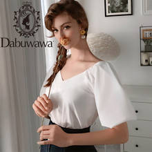 Dabuwawa Summer White Sweet Blouse Women Lantern Sleeve Sexy V-Neck Elastic Hem Solid Basic Shirts Office Lady D18BST394 2024 - buy cheap