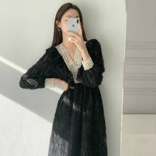 2021 New Women Spring Patchwork Lace V Neck Feather Long Dress Elastic High Waist Full Sleeve A-line 2024 - buy cheap