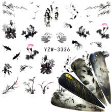 Zko 1 folha de arte de unha adesiva estilo chinês de pintura de paisagem, peixe floral, pássaro, decorações diy, dicas de salão 2024 - compre barato