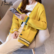 PEONFLY Korean Style New 2020 Spring Knitted Cardigans Loose Casual Single Breasted Thick Sweater Jumpers Women Coat Yellow Blue 2024 - buy cheap