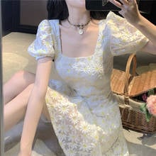 Vestido feminino quadrado curto, estampa floral bordado estilo francês curto para o verão 2024 - compre barato