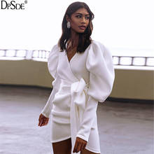 DPSDE 2020 fashion new women elegant fair maiden style short dresses long sleeve deep v pure color mini short dresses 2024 - buy cheap