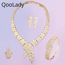 Qoolady luxo noivas 4 pçs conjuntos de jóias de ouro dubai gota brinco colar pulseira anel naija acessórios de casamento afirmação z049 2024 - compre barato